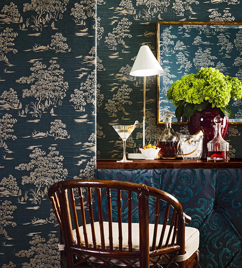 Scalamandre Katsura Embroidered Toile Peacock Wallpaper SCWP884450004