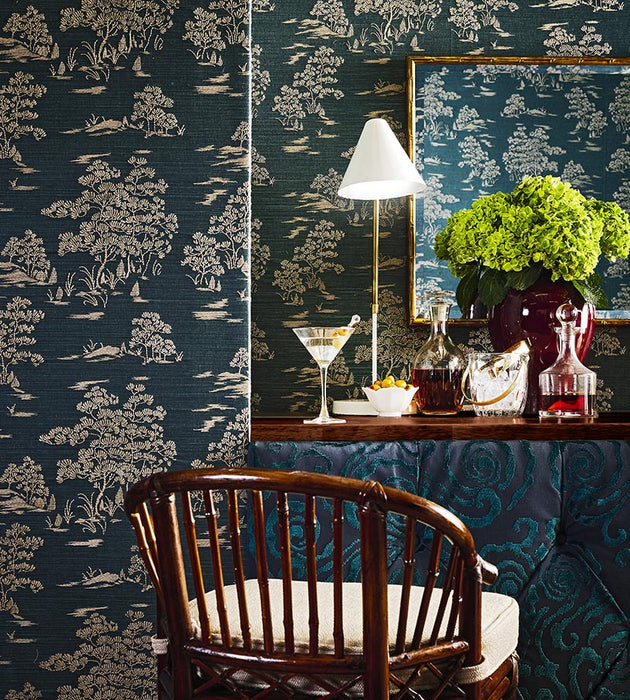 Scalamandre Katsura Embroidered Toile Peacock Wallpaper SCWP884450004