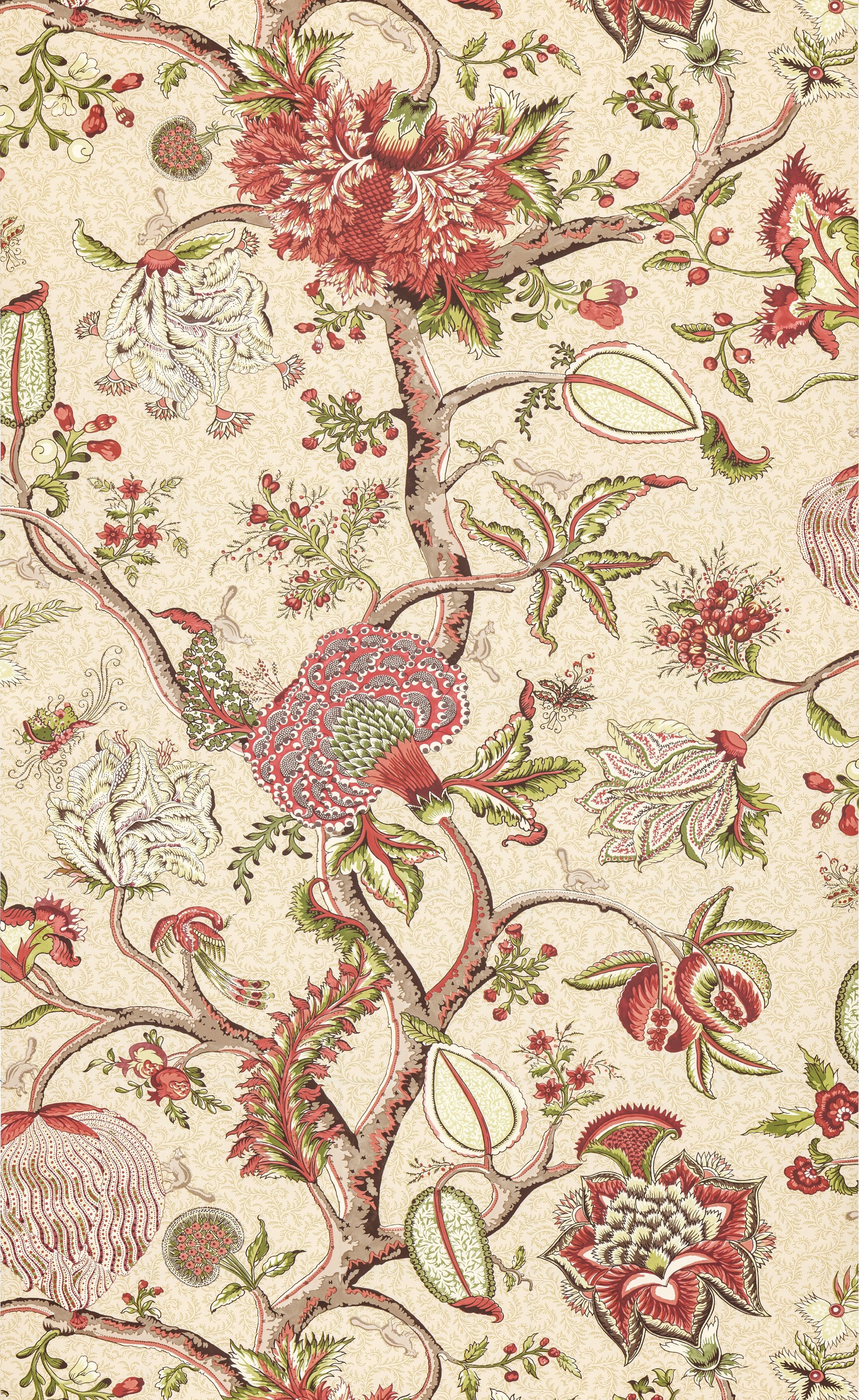 Scalamandre Pondicherry Turkey Red On Lime Fern Wallpaper Sample SCWP885850004