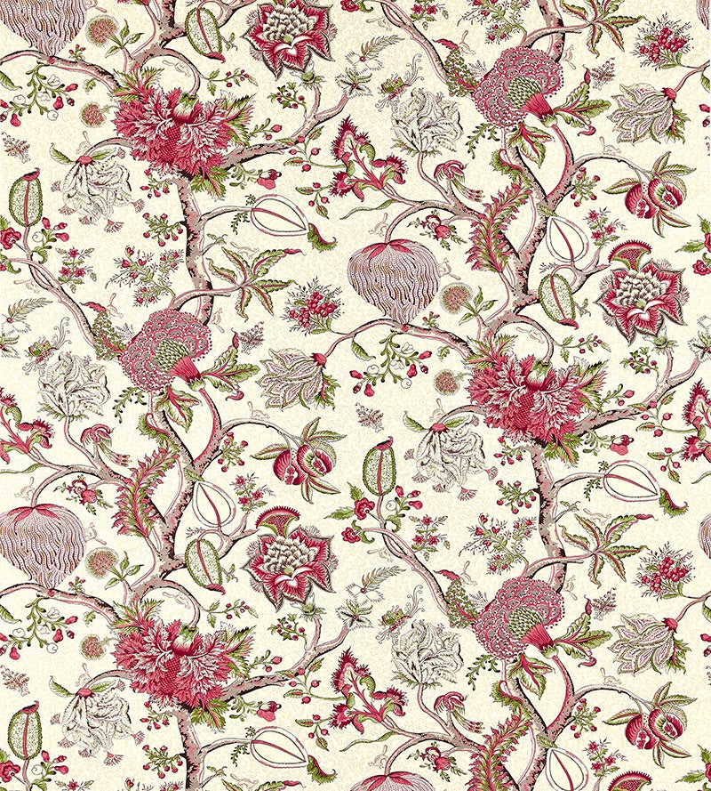 Scalamandre Pondicherry Cotton Print Turkey Red On Lime Fabric Sample SC164300005