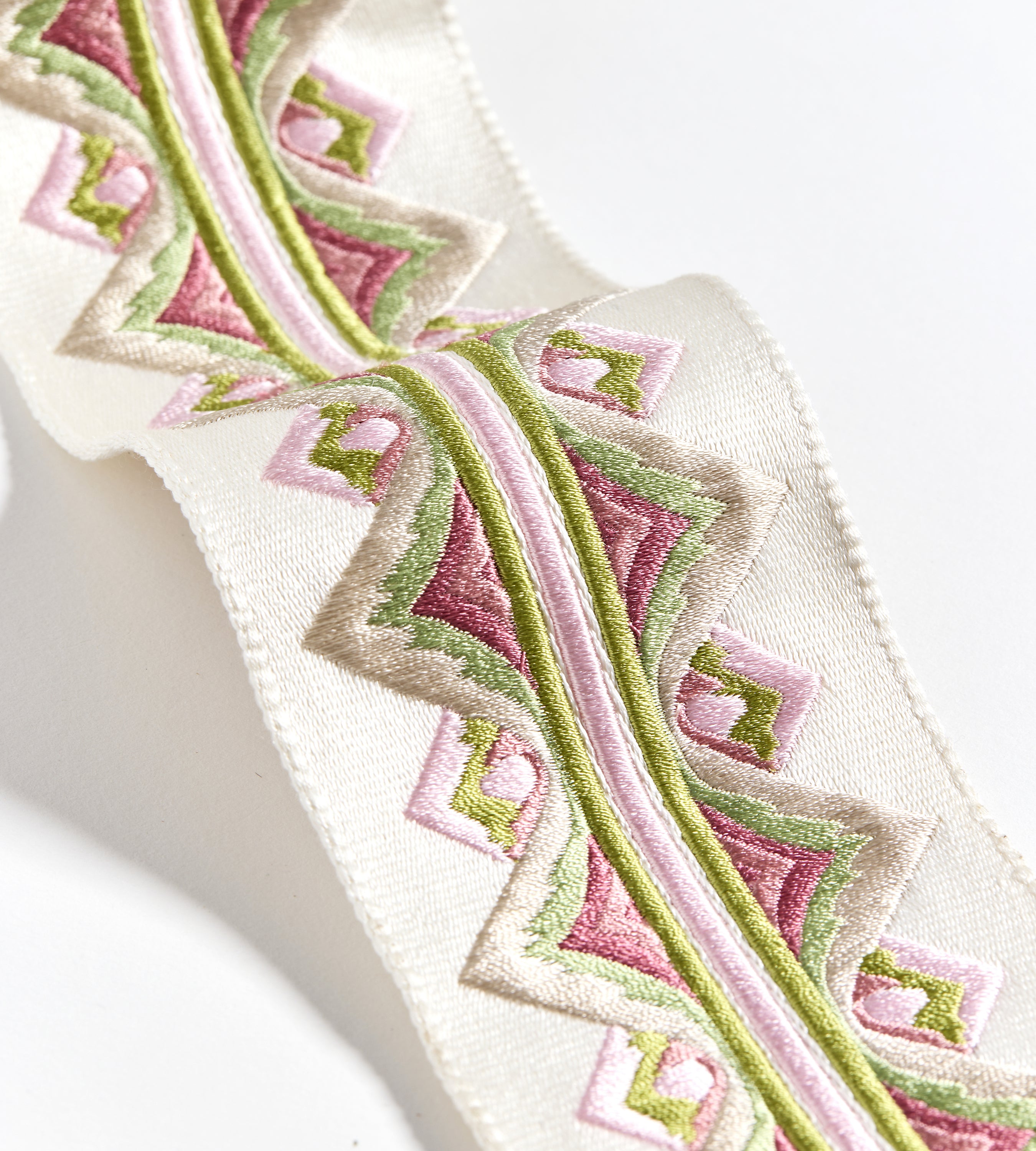 Scalamandre Flamme Embroidered Tape Pink And Green Trimming Sample SCT33350005