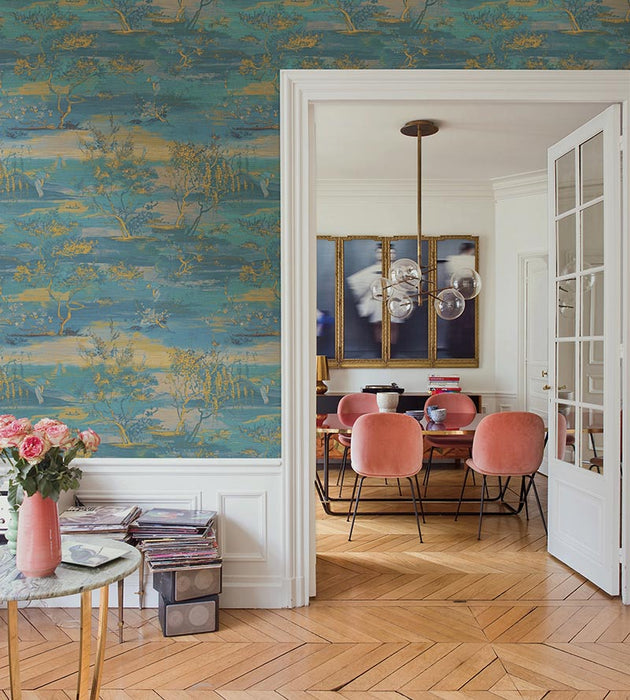 Scalamandre Sagimai Teal Wallpaper Sample SCWP884510005