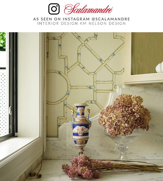 Scalamandre Baldwin Bamboo Linen & Blue On Ecru Wallpaper Sample SCWP816300007