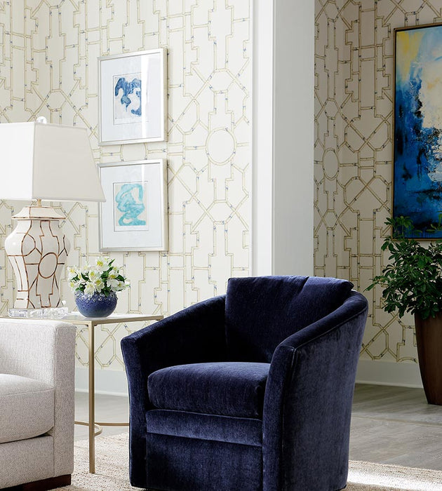 Scalamandre Baldwin Bamboo Linen & Blue On Ecru Wallpaper Sample SCWP816300007