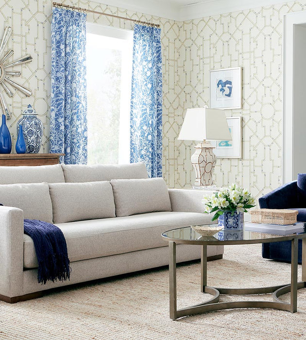 Scalamandre Baldwin Bamboo Linen & Blue On Ecru Wallpaper Sample SCWP816300007