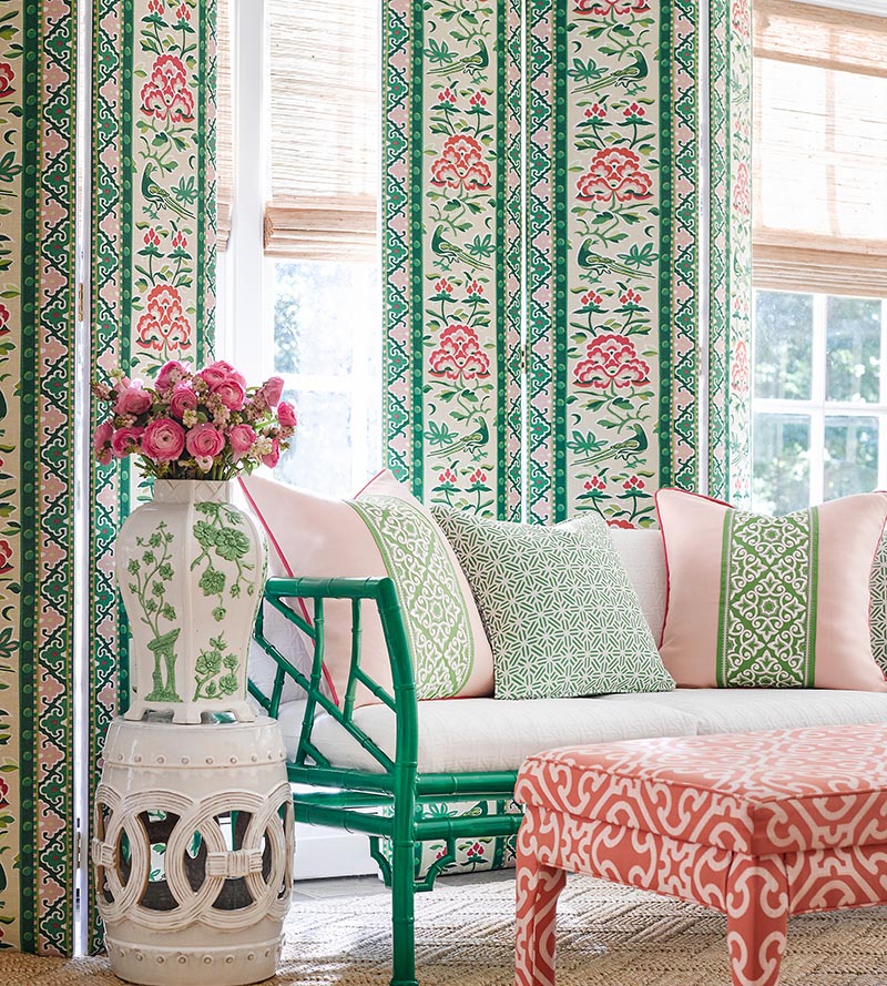 Scalamandre Royal Peony Linen Print Spring Green Fabric SC166130002