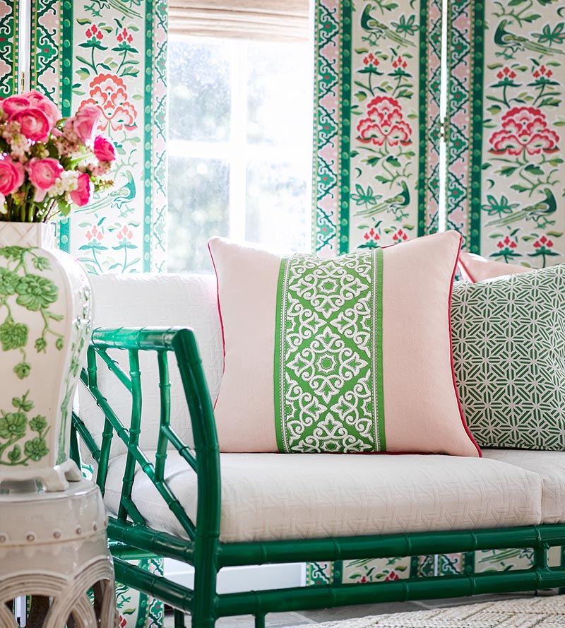 Scalamandre Royal Peony Linen Print Spring Green Fabric SC166130002