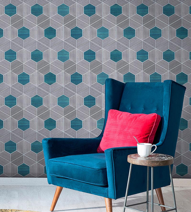 Scalamandre Hive - Wood Ash & Aqua Wallpaper Sample SCWP884670003