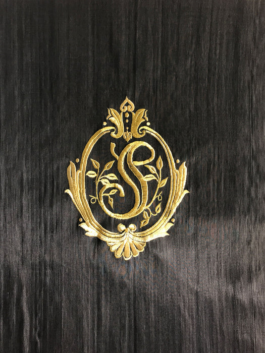 Old World Weavers Monogram Embroidered Horsehair 1 Initial - Gold On Black Fabric SKEMB20002
