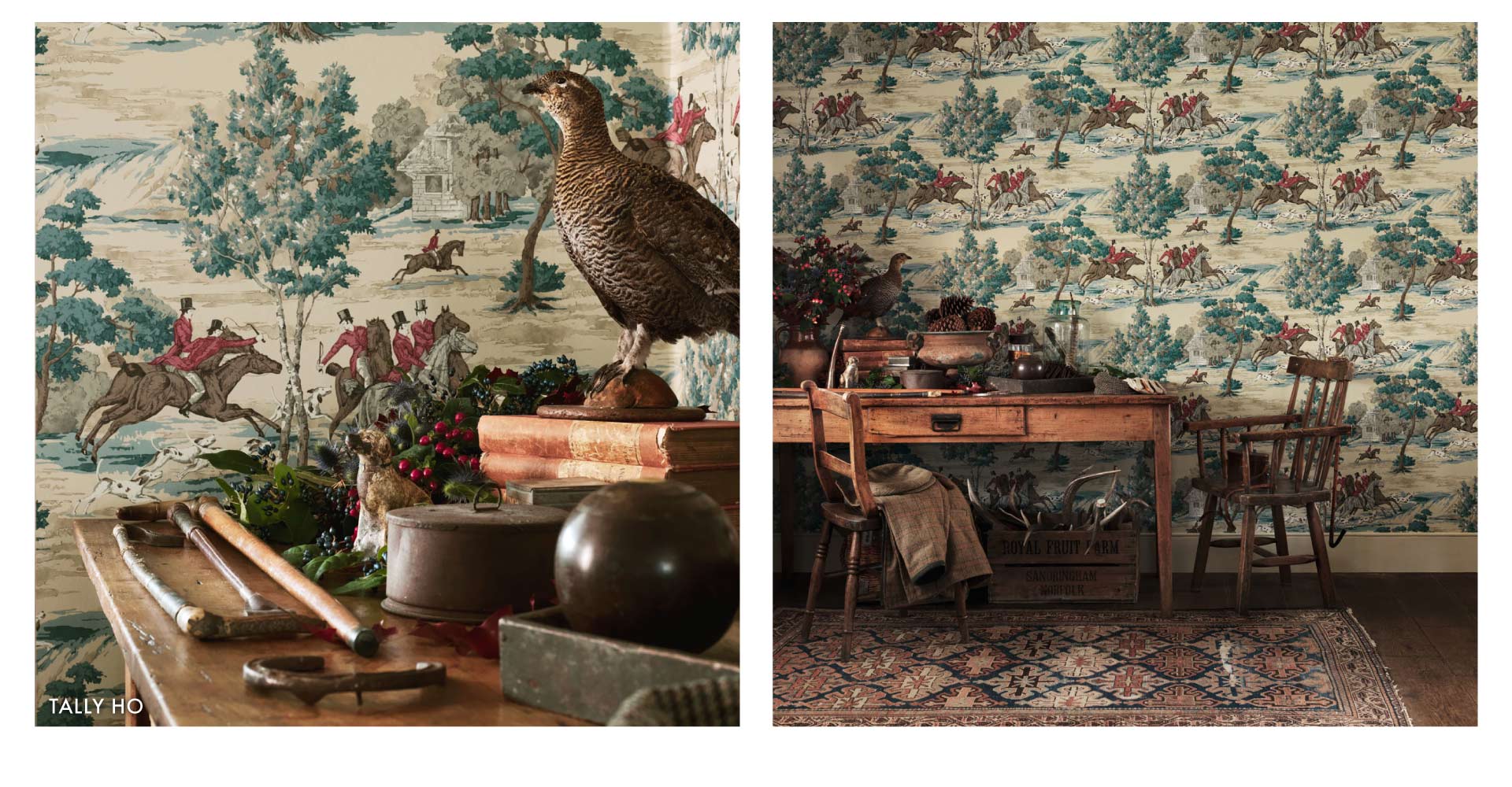 Sanderson Tally Ho British Floral Print with men on horses and trees Wallpaper