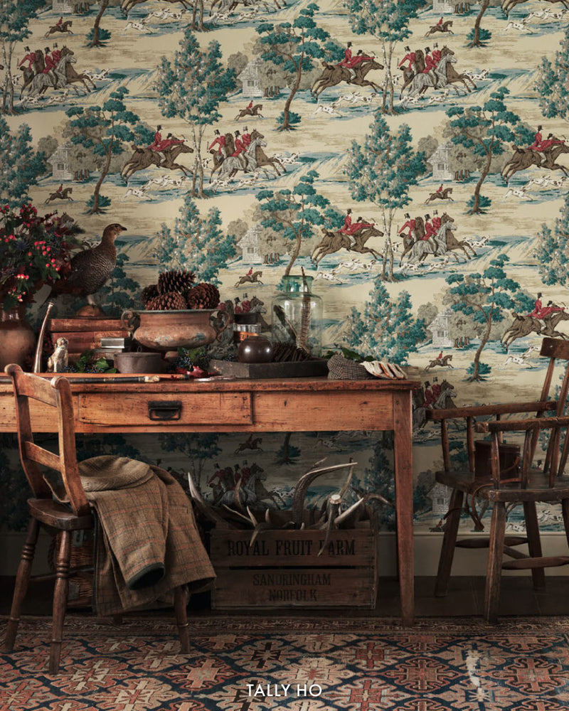 Sanderson Tally Ho British Floral Print with men on horses and trees Wallpaper