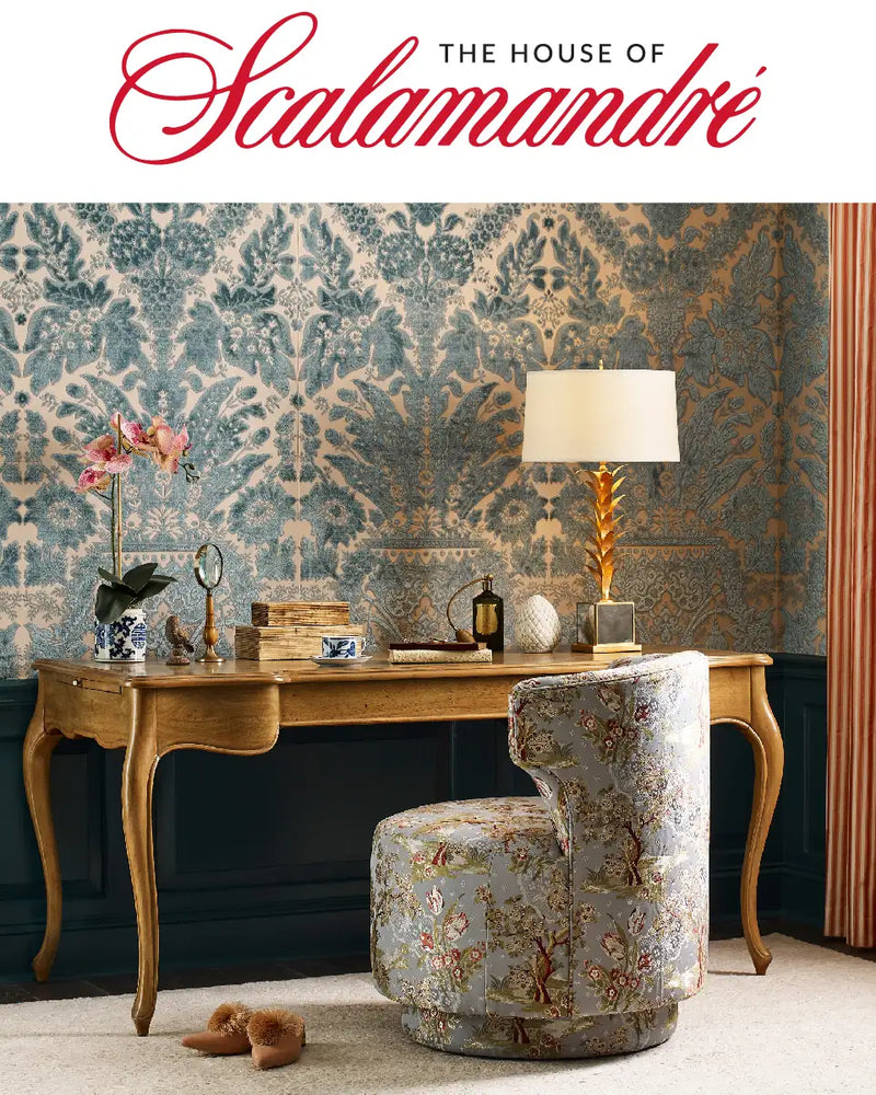 Scalamnadre Blue and Gold Wallpaper and Floral Fabric on chair