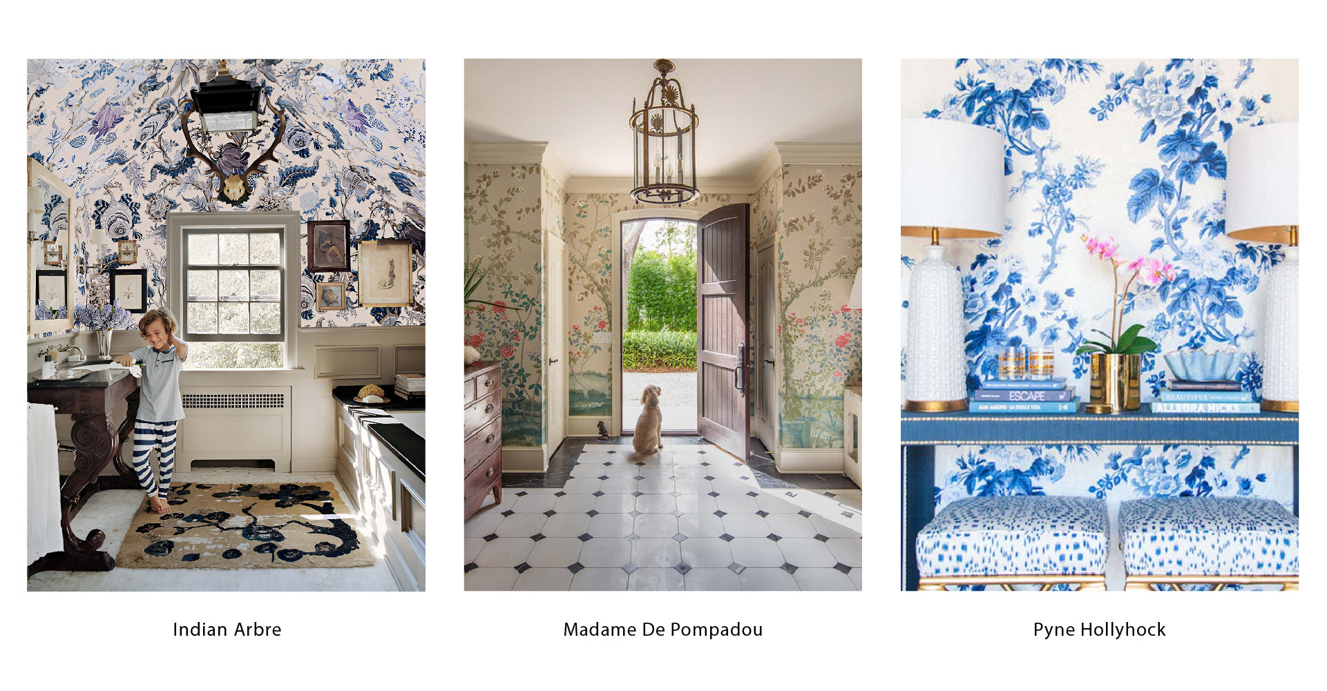 Schumacher Indian Arbre, Madame De Pompadou, and Pyne Hollyhock Wallpaper