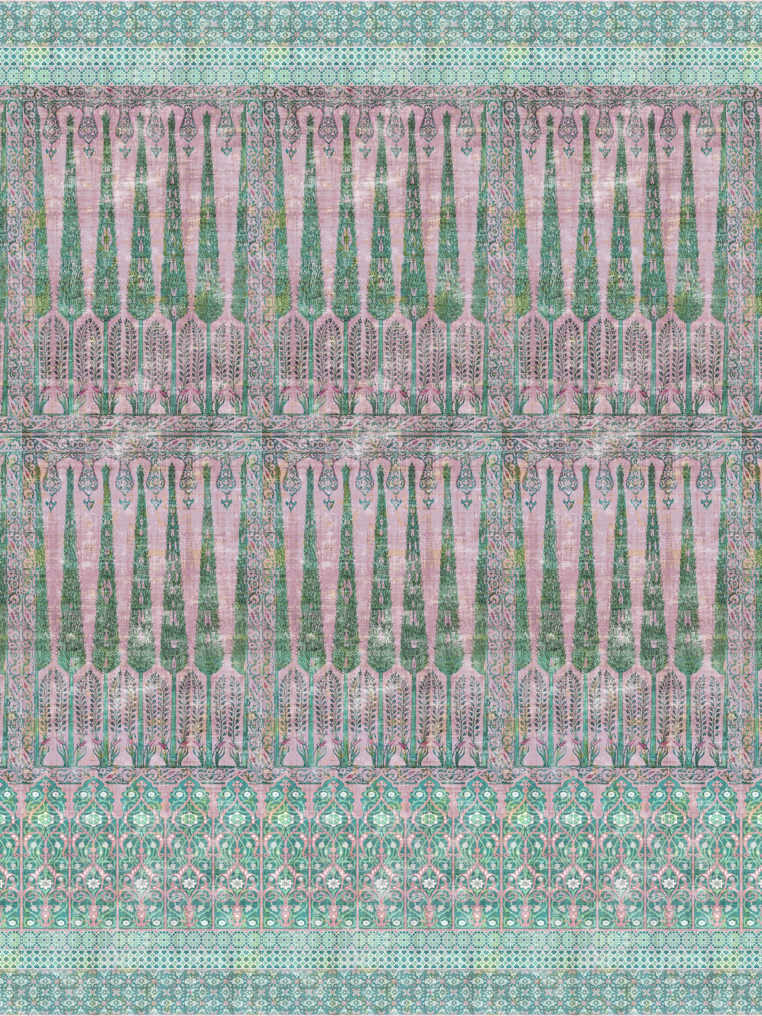 Nicolette Mayer Topkapi Garden - Panel Green Pink Wallpaper Sample WNMTOPK1022