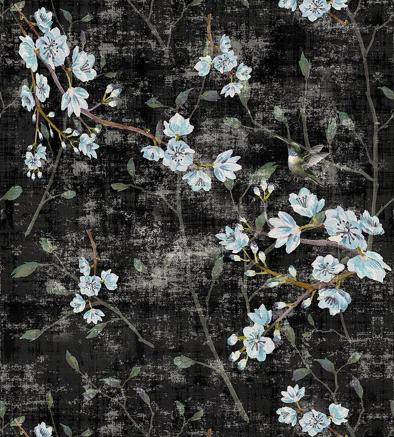 Nicolette Mayer Blossom Fantasia Black Blue Wallpaper Sample WNMBLOS1058