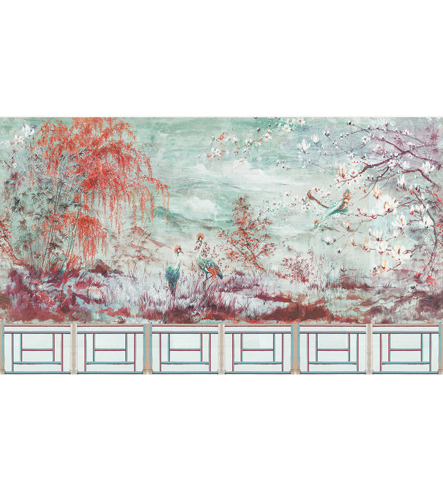 Nicolette Mayer Crested Crane Mural - Set Turquoise Red Wallcovering Sample WNMCRESSET2