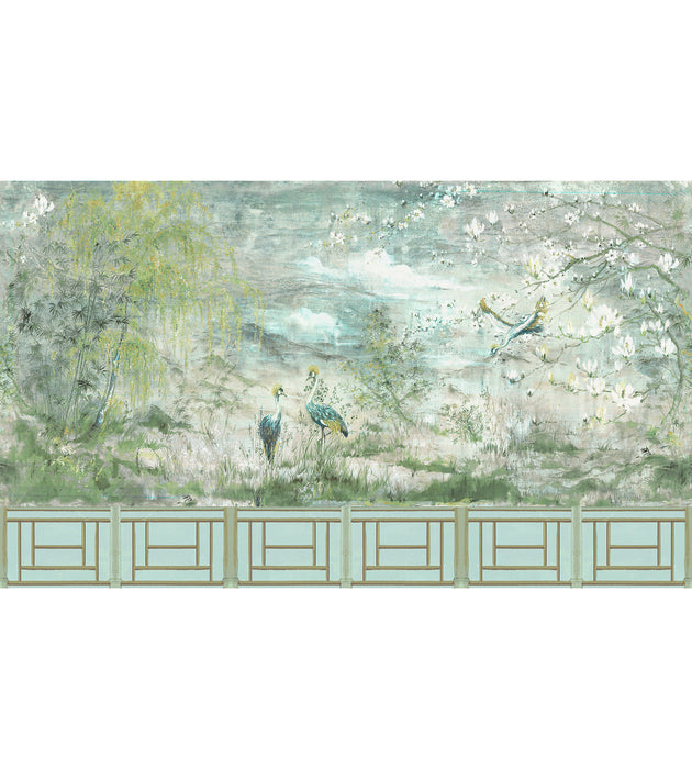 Nicolette Mayer Crested Crane Mural - Set Green Gold Wallcovering Sample WNMCRESSET4
