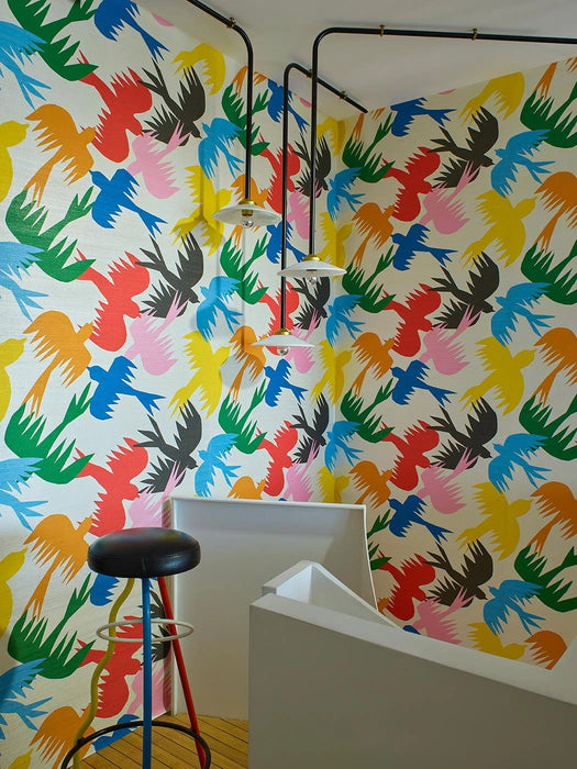 Pierre Frey Birds Traffic Multicolore Wallpaper Sample FP207001