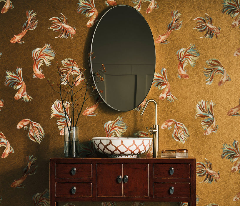 Osborne & Little Aquaria Linen / Mandarin Wallpaper Sample W8123-02