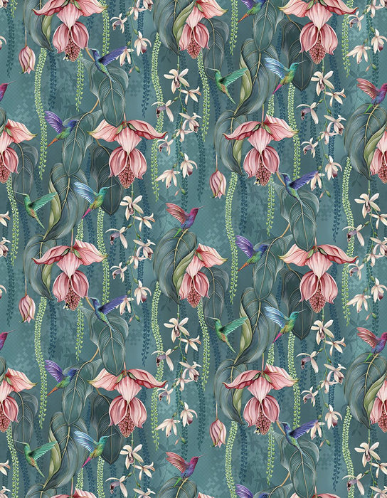 Osborne & Little Trailing Orchid Velvet Teal / Pink Fabric Sample F8026-02