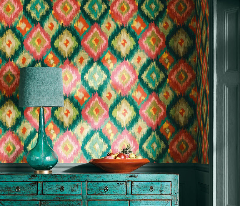 Osborne & Little Xanadu Teal / Pink Wallpaper Sample W8124-01