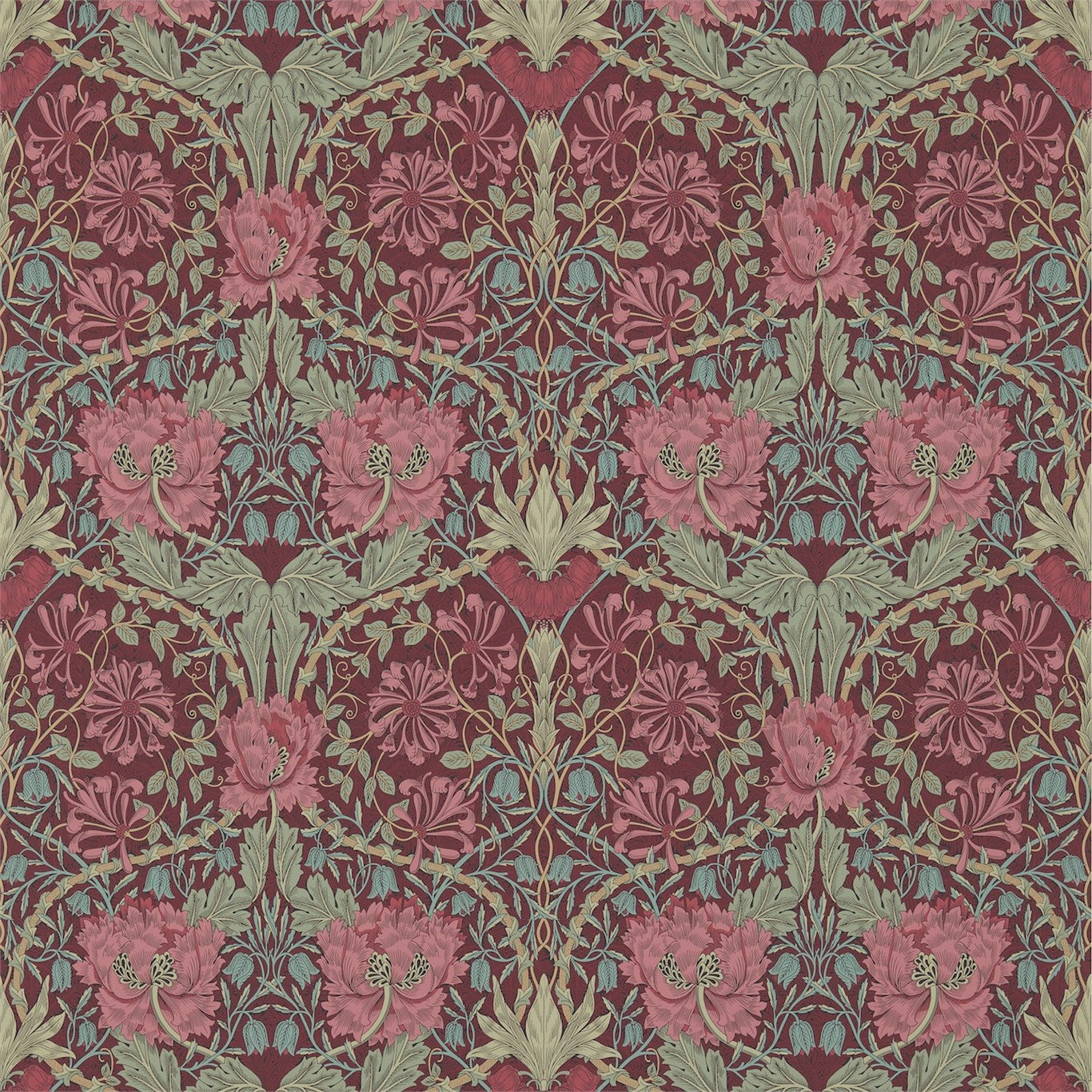 Morris & Co Honeysuckle & Tulip Burgundy/Sage 214703 Wallpaper DM3W214703