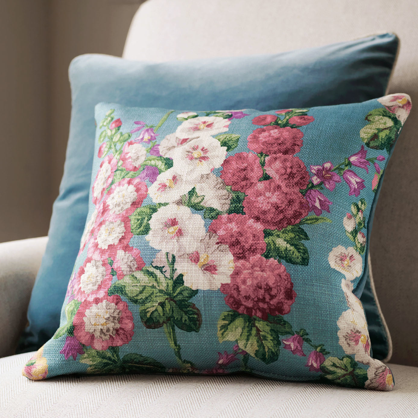 Sanderson Hollyhocks Petrol Blue/Multi 224310 Fabric DVIN224310