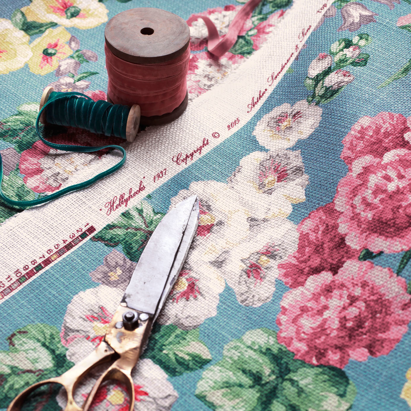 Sanderson Hollyhocks Petrol Blue/Multi 224310 Fabric DVIN224310