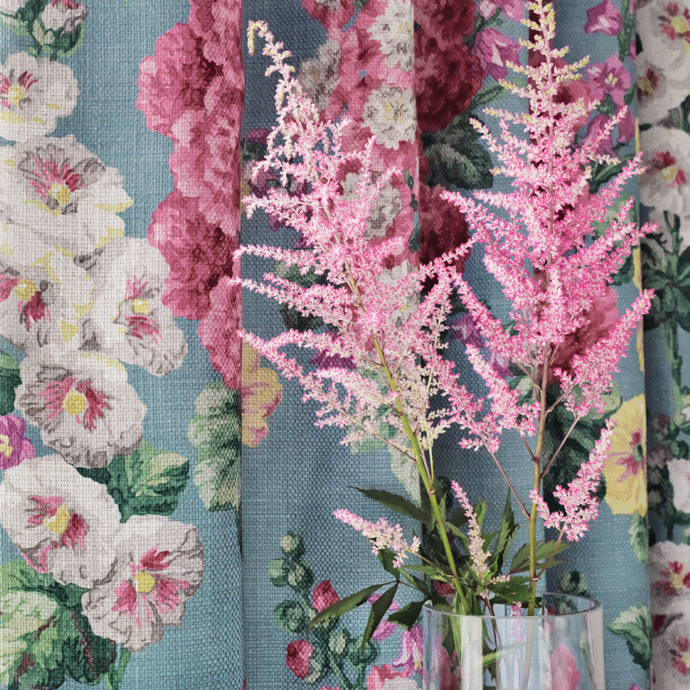 Sanderson Hollyhocks Petrol Blue/Multi 224310 Fabric DVIN224310