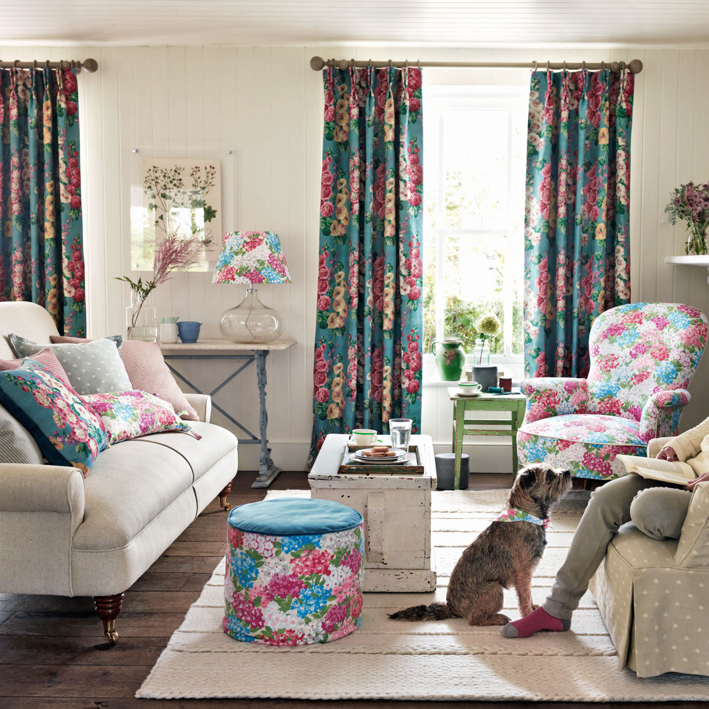 Sanderson Hollyhocks Petrol Blue/Multi 224310 Fabric DVIN224310