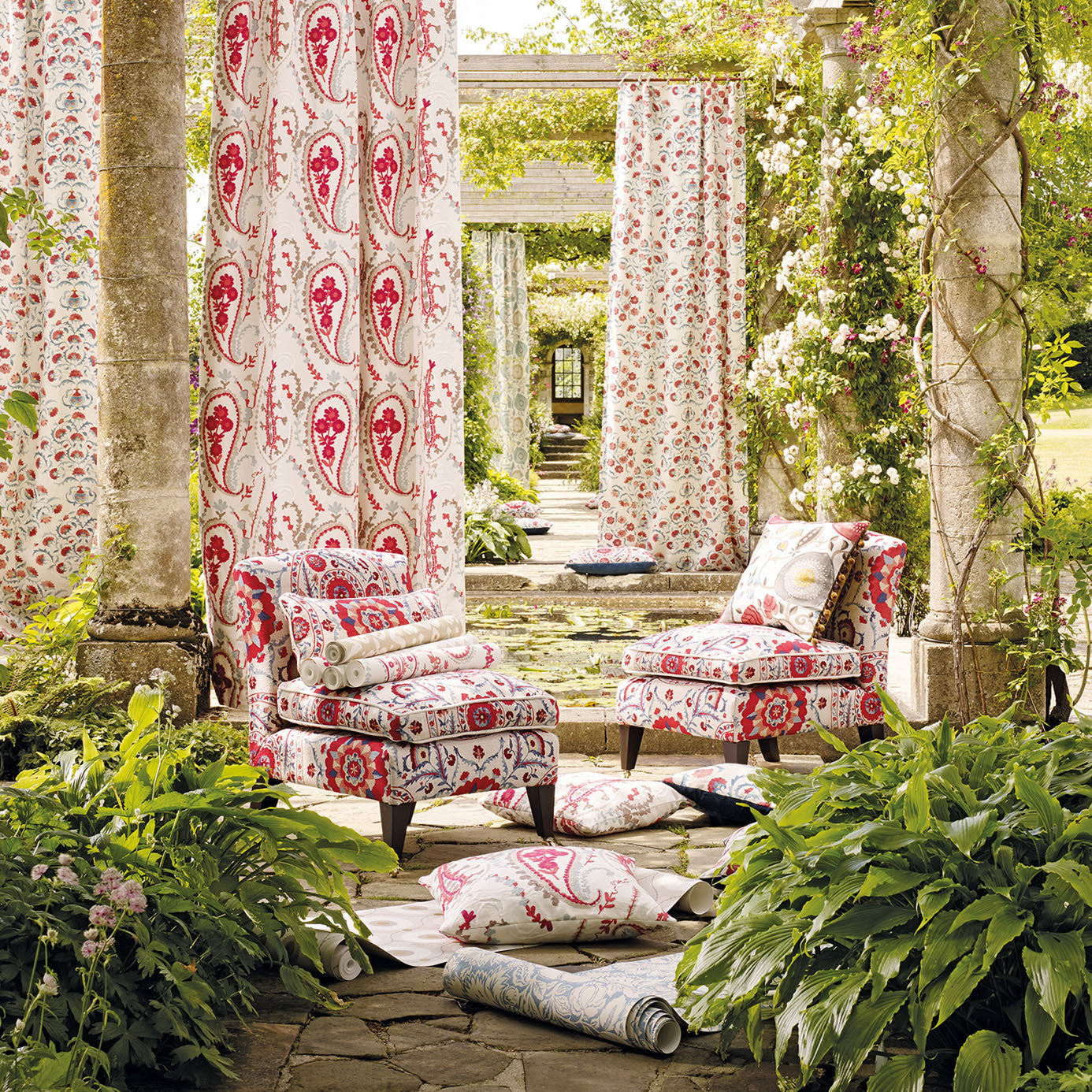 Sanderson Jamila Coral/Aqua 235245 Fabric DSOH235245